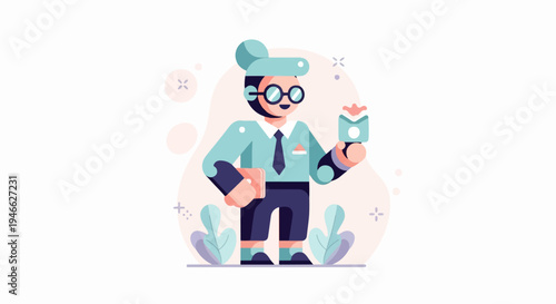 A stylized character in a suit, holding a book and a letter