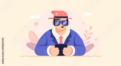 A person in a suit and hat plays on a phone with abstract background