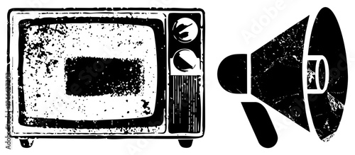 Retro TV with static screen and knobs paired with megaphone, broadcast equipment,, communication tools, analog broadcasting, news, public announcement.