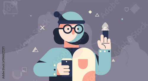 A stylized person in a hat and glasses holds a phone and a candle