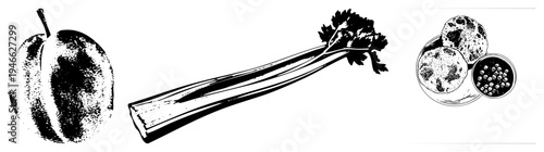 Stylized vegetable and fruit set plum with stem, celery stalk with leaves, cabbage slices, and pea pod. Halftone texture, isolated food graphic.