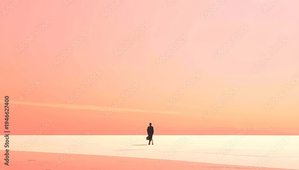 Fototapeta premium Silhouette of a person walking across a vast, pale horizon, orange sky