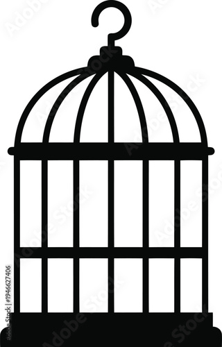 A black silhouette of a birdcage with a hook on top