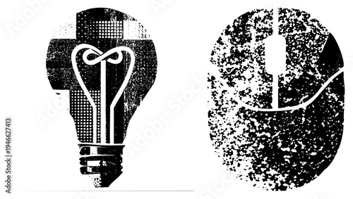 Vector illustration of light bulb featuring infinity loop, halftone glass, and distressed texture, ideal for innovation or design concepts.