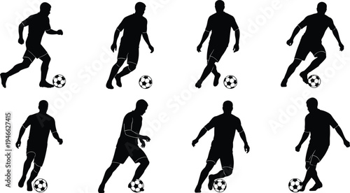 Soccer player silhouettes, football action poses, dynamic sports motion, dribbling and kicking illustration, athletic training design, competitive game artwork, fitness concept