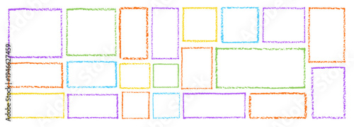 Colorful kindergarten crayon frame with hand-drawn doodle border vector illustration set. Cute childish design perfect for school projects, children s art, and playful text backgrounds.