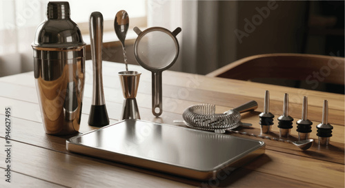 A variety of cocktail making tools and accessories on a wooden table