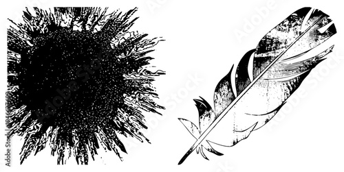 Classic ink blot texture and ornate quill feather, vintage graphic elements, artistic brush strokes, ink illustration, design assets.