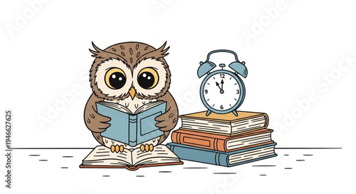 Cute owl reading a book next to a stack of books and alarm clock.