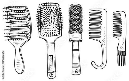 Set of combs. Vector sketch, hand drawn. Hair care brush. Hairdressing equipment. Styling. Line art graphic illustration.