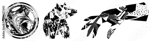 Stylized animal figures composed of fragmented shapes and dot textures, vector art, black and white, graphic design, isolated foreground.