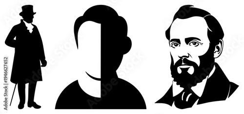 Vector cutouts of 19th century gentleman in top hat, generic head silhouette, and detailed bearded portrait, all in flat style.