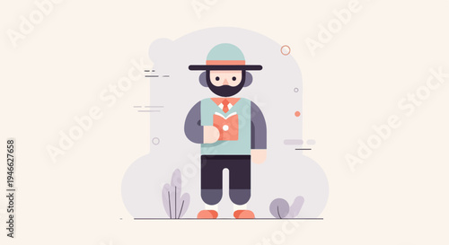 A stylized character wearing a hat and vest reads a book outdoors