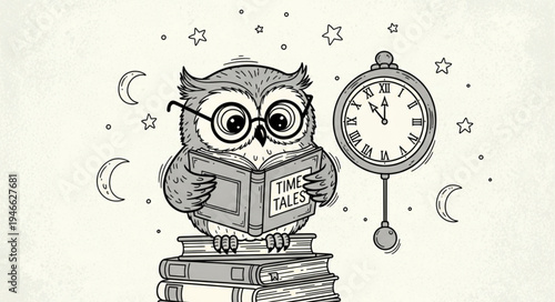 Wise owl wearing glasses reading a book on stack of books.