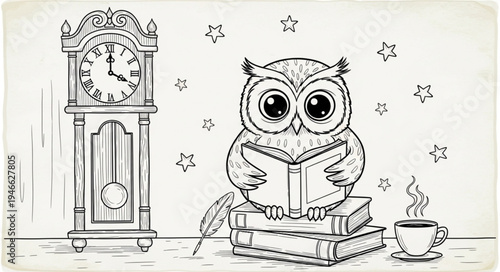 Cute cartoon owl reading a book next to a grandfather clock.