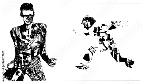 Stylized human forms composed of fragmented shapes, halftone textures, and stark contrasts, vector illustration, graphic design element, modern art silhouette.