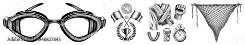 Retro swimming goggles, judo championship with laurels, martial gear, stopwatch, and volleyball net all isolated vector symbols for athletic themes.