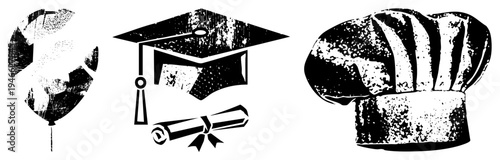 Black and white vector of graduation cap with tassel, diploma scroll, chef’s hat, and balloon symbols of achievement and celebration in education and culinary.