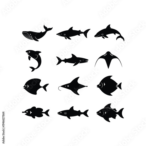 Collection of marine life icons in a striking black silhouette