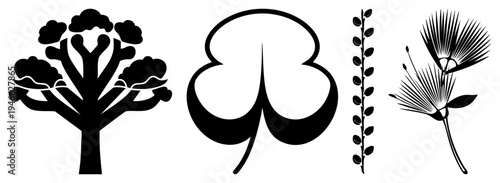 Black vector illustrations of stylized flora tree with cloud like foliage, clover leaf, vertical stem with buds, and dandelion seed head. Minimalist nature motifs for design.