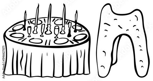 Round banquet table draped in cloth, set with wine glasses and dinnerware, candles lit, formal dining, celebration feast, event decor.