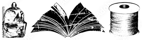 Retro style backpack, open book with textured pages, thread spool, school supplies, study tools, creative gear, design.