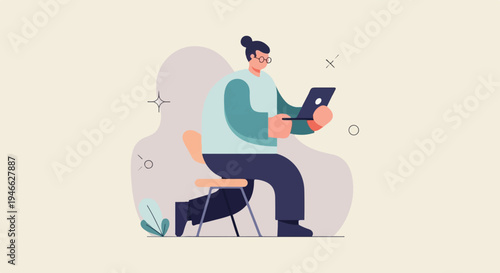 A person sits on a stool, drawing on a tablet with a stylus