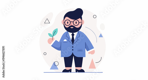 A person in a suit holds a plant, surrounded by geometric shapes