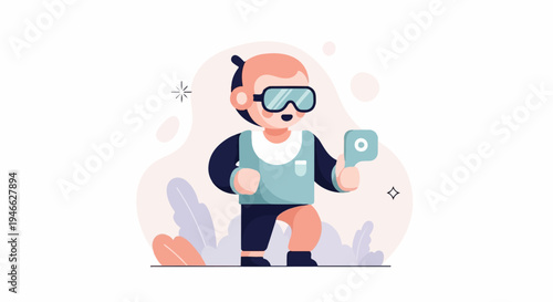 A stylized character wearing virtual reality goggles and holding a controller