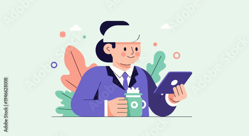 A person in a suit holds a tablet and a coffee mug