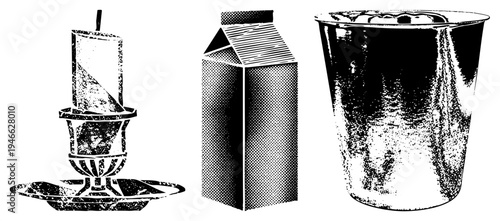 Retro stylized coffee pour over brewer, milk carton, drinking glass, halftone texture, black and white vector graphic, isolated beverage items.