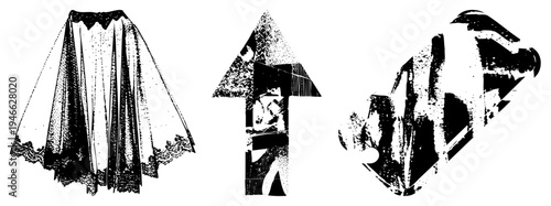 Three stylized rendered in halftone, featuring a draped veil, upward arrow, and abstract mechanical form, all in vector design.
