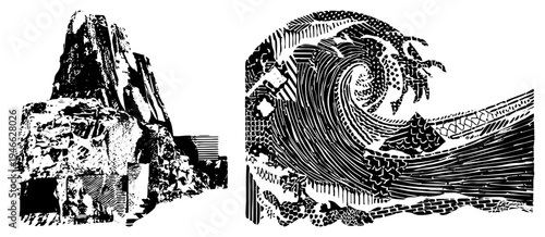 Stylized black and white rock cliff with textured, paired with swirling wave featuring halftone textures and geometric detailing. Artistic vector graphic for design, print, or digital.