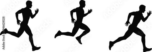 Running silhouettes sequence, athletic stride motion, human biomechanics illustration, sports training concept, fitness progression design, dynamic runner artwork, exercise movement study