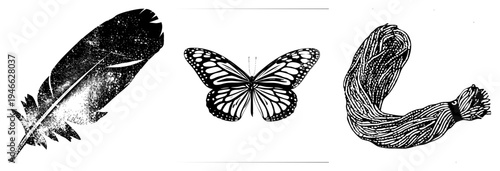 Vector illustration trio featuring feather, butterfly, and thread bundle, rendered in halftone dot, ideal for tattoo, textile, or graphic design projects.
