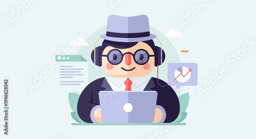 A stylized person in a hat and headphones uses a laptop