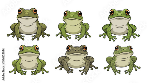 Diverse Cartoon Frogs Collection. Green and Brown Amphibian Illustrations Set on White.