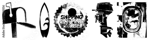 Black and white halftone mailbox, surfboard, shipping badge, outboard motor, airplane window. Vector symbols for logistics, travel, and leisure.