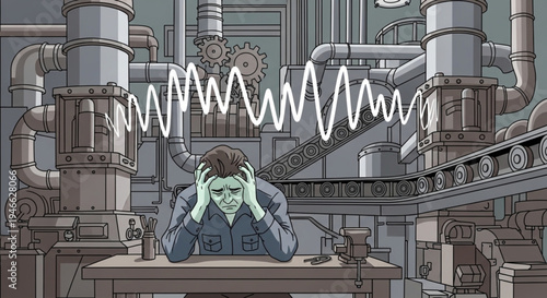 Man Overwhelmed by Noise and Stress in Industrial Setting.
