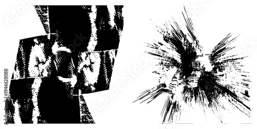 Bold graphic art with explosive brushwork and fragmented forms, high contrast, expressive strokes, stylized motion, artistic abstraction.