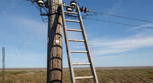 Wooden ladder leaning against a rustic wooden utility pole with power lines under a clear blue sky in rural landscape.
