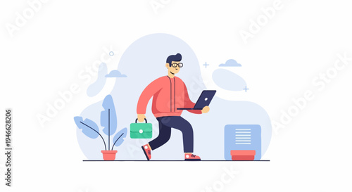A person walks with a laptop and briefcase against a blue abstract background