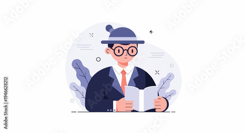A stylized person in a hat and suit reads a book, surrounded by plants