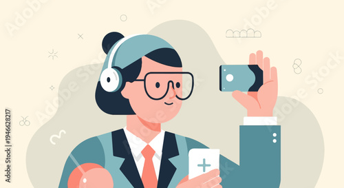 A person in a suit wearing headphones and glasses holds a phone and a medical device