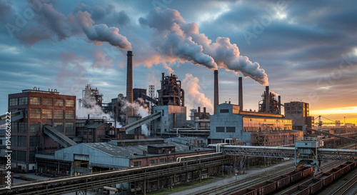 Industrial Complex with Smoke Emission and Environmental Impact.