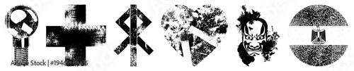 Grungy stylized symbols including hammer,, knot, heart, mask, and flag emblem, each with distressed texture, black and white vector design, isolated graphic elements.
