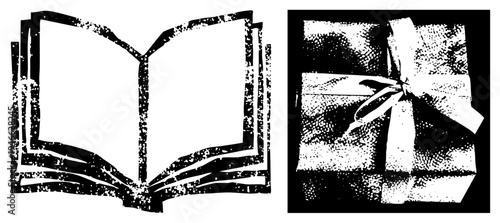 Open book with blank pages and gift wrapped in halftone, vector illustration, educational or celebratory symbol, study and present concept.