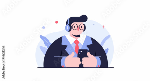 A person in a suit, wearing headphones, holding a smartphone