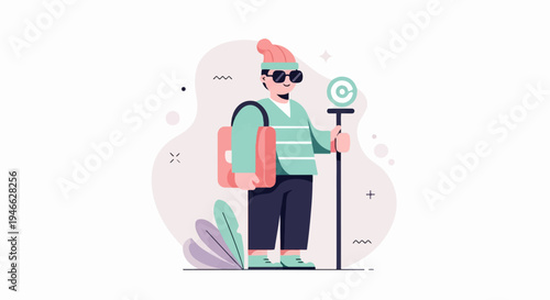 A person wearing a beanie and sunglasses holds a staff and bag