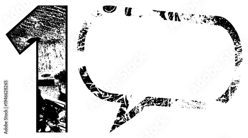 Stylized number one and speech bubble with distressed halftone texture, graphic design element, comic book art, vector illustration,.